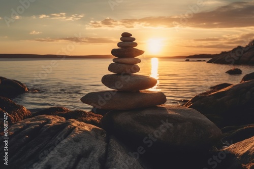 Stack of stones on the sea shore at sunset. Zen concept.
