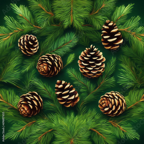 Christmas Background Adorned with Pine Cones and Evergreen Needles