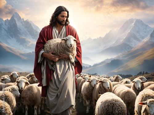 Jesus carrying a sheep in his arms. Biblical story theme concept.