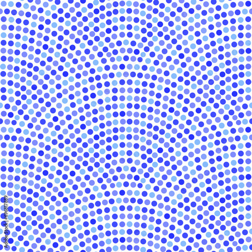 Vector seamless wavy pattern with geometrical fish scale layout. Indigo blue, violet, turquoise confetti on white background. Fan shaped garlands 