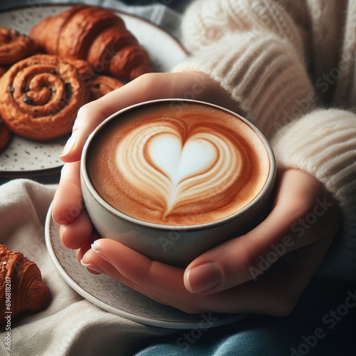 Hands holding a mug of coffee with foam in the form photo