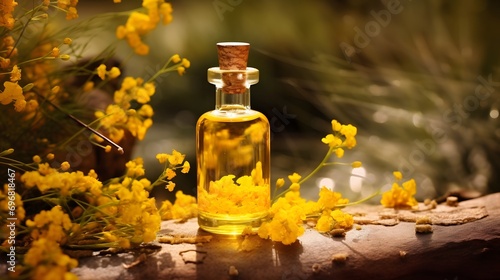 Immortelle essential oil in a bottle. 