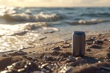 Blank Beverage Can Mockup on Sandy Beach at Sunset