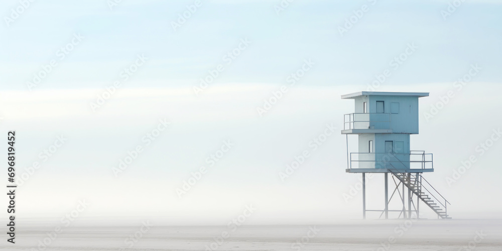 Lifeguard Tower in a white mist on a beach of seaside. Lonely landscape with watchtower. Generative AI Lifeguard Tower in a white mist on a beach of seaside. Lonely landscape with watchtower. Generative AI