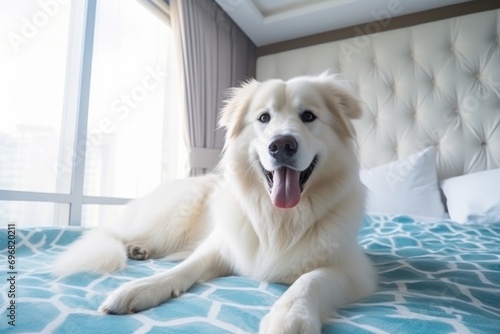 Big fluffy white happy dog lying on the bed at home close-up
