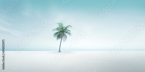 One lonely palm tree on a white beach. Calm sae with mist. Tranquil seashore landcsape. Generative AI © AngrySun