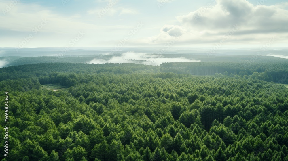 Aerial view of a dense green forest with misty clouds hovering above the trees