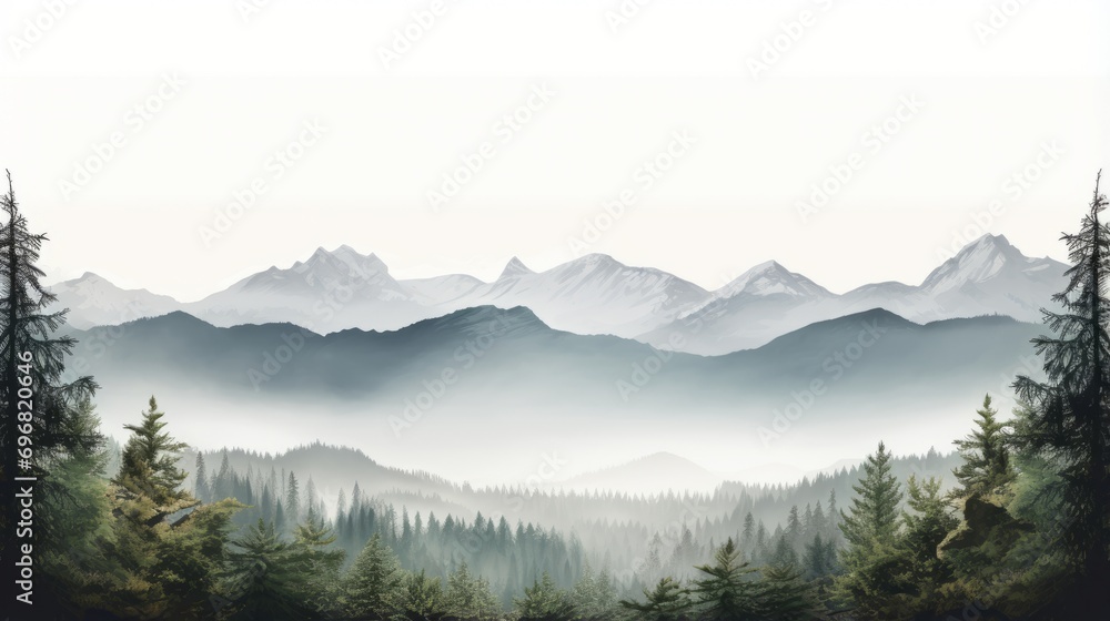 A serene landscape of misty mountains, forest trees silhouette, and foggy valleys