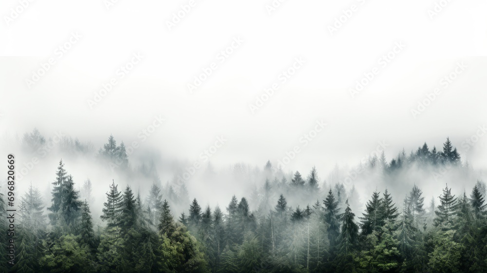 A misty forest with fog enveloping the trees creating a serene and mystical atmosphere - obrazy, fototapety, plakaty 