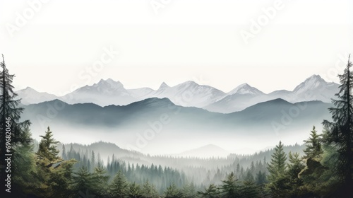 A serene landscape of misty mountains, forest trees silhouette, and foggy valleys © พงศ์พล วันดี