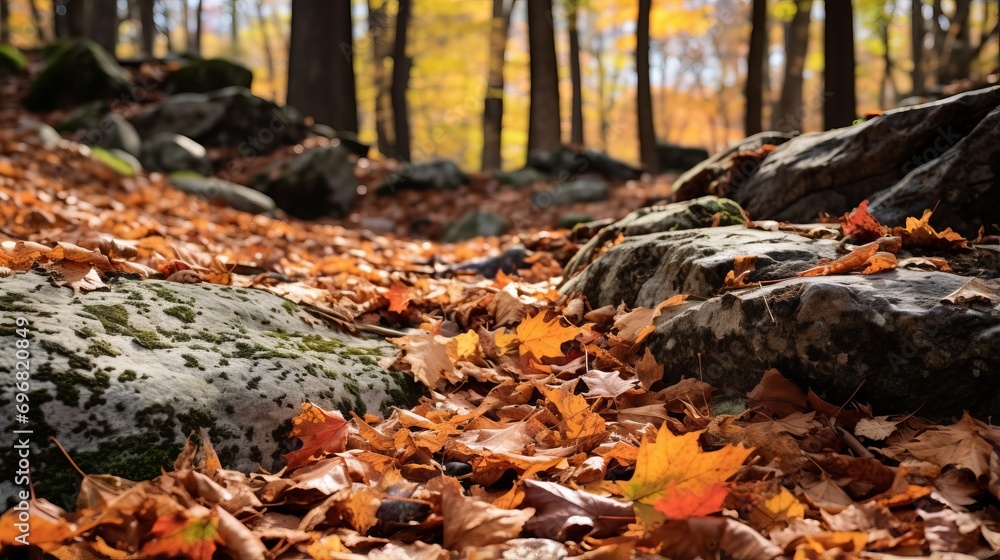 An autumn forest floor covered in fallen leaves with rocks and trees bathed in soft sunlight. An autumn forest floor covered in fallen leaves with rocks and trees bathed in soft sunlight.