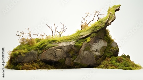 natural landscape featuring moss-covered rocks and bare, twisted trees evoking a sense of peaceful solitude and untouched wilderness