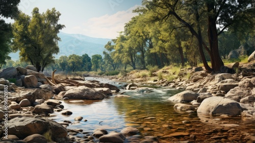 natural landscape with a clear stream  rocks  and green trees under a bright sky