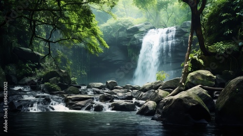waterfall in a lush green forest with rocks and mist capturing the essence of natural beauty and tranquility.