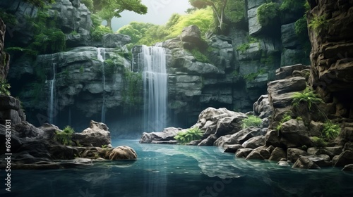 A serene and beautiful waterfall in a lush, green forest with rocks and clear blue water