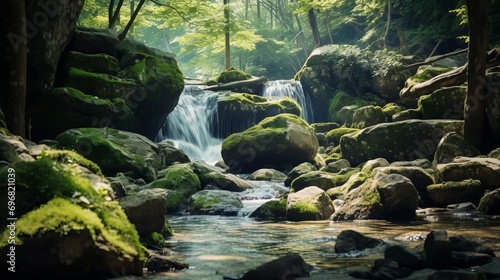 forest waterfall surrounded by lush greenery  moss-covered rocks  and sunbeams filtering through the trees creating a tranquil natural environment.