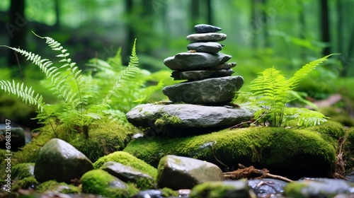 forest scene with a balanced stone cairn surrounded by vibrant green ferns and moss-covered rocks © พงศ์พล วันดี
