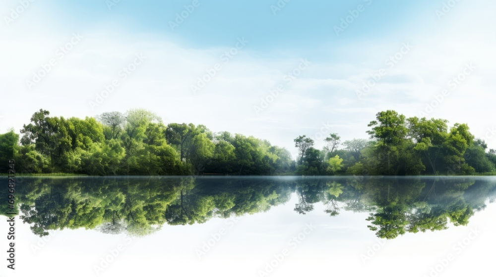 ake surrounded by lush green trees under a clear sky, perfectly reflecting the landscape creating a symmetrical visual effect.