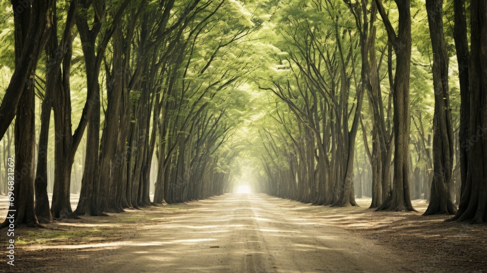 Fototapeta premium tree-lined path in a forest with sunlight filtering through the branches creating a peaceful and tranquil environment.
