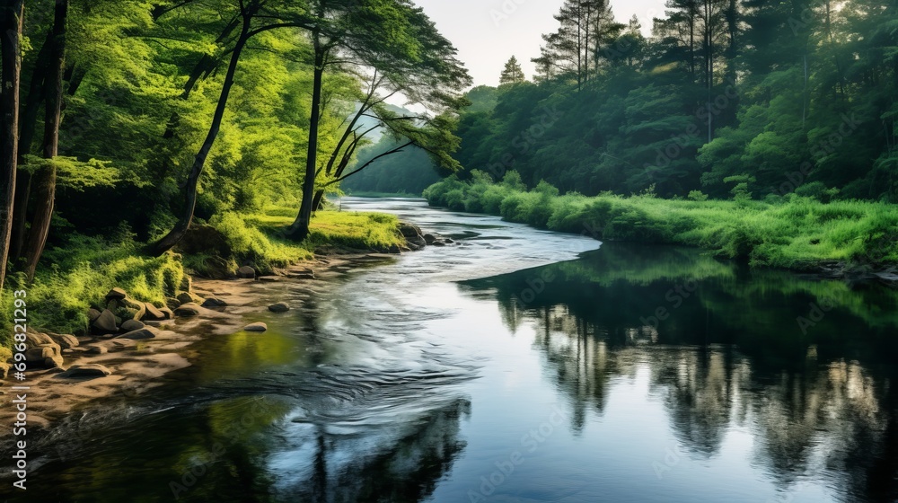 river flows through a lush green forest under the soft light of morning, reflecting the surrounding nature’s beauty. river flows through a lush green forest under the soft light of morning, reflecting the surrounding nature’s beauty.