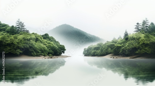 landscape featuring a calm lake surrounded by lush green forests with misty mountains in the background