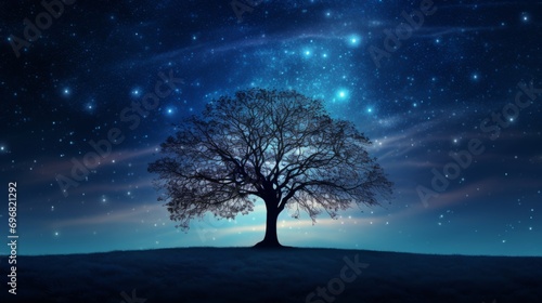 lone tree under a starry night sky represents solitude, mystery, and the beauty of nature contrasting the cosmos © พงศ์พล วันดี