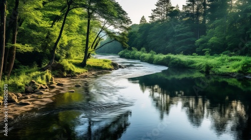 river flows through a lush green forest under the soft light of morning  reflecting the surrounding nature   s beauty.
