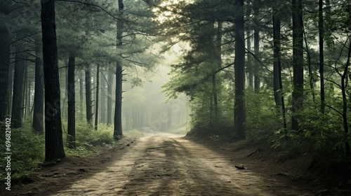  forest path surrounded by tall trees, with mist and sunlight creating a mystical atmosphere photo