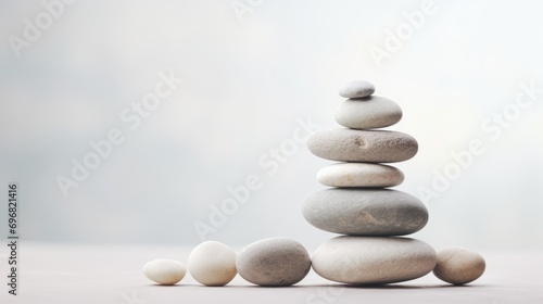 A stack of smooth  balanced stones symbolizing tranquility  harmony  balance  and peace in a serene natural setting
