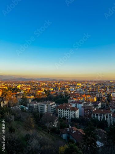 Aerial view of the city of Bergamo at sunset. Bergamo alta, Italy. Vertical shot