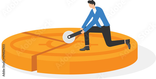 Asset management, financial planning for survival, budgeting for investment, emergency savings, expenses and debt concept. Businessman cutting dollar coin for parts following money plan.

