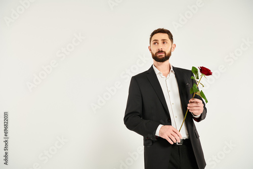 dreamy elegant businessman with red fresh rose looking away on grey, st valentines day present