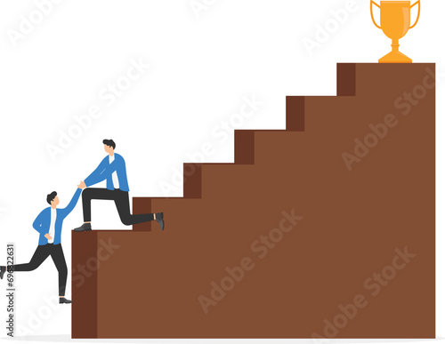 Business mentor or leadership help colleague to succeed and reach goal achieve target, mentorship, support or help career success, businessman leader help employee climb to target at top of stair.

