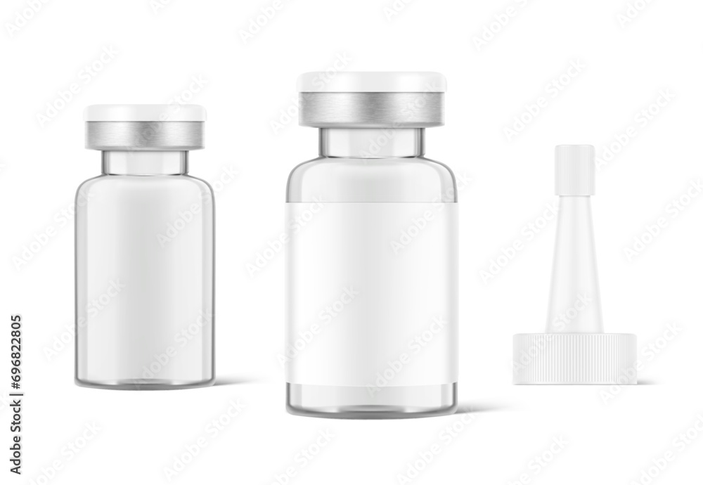 Transparent glass ampoule  mockup for cosmetics. Vector illustration isolated on white background. Can be use for medicine, cosmetic and other. Ready for your design. EPS10. - obrazy, fototapety, plakaty 