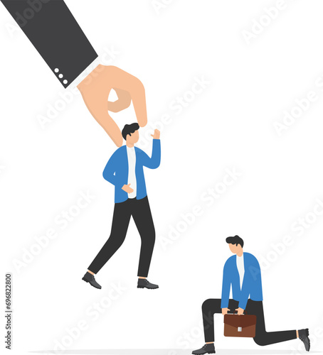 Talent war, recruitment competition for special skill candidate, HR human resource tug of war to get employee concept, big company hand pulling businessman candidate with current employer.

