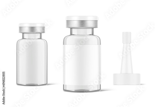 Transparent glass ampoule  mockup for cosmetics. Vector illustration isolated on white background. Can be use for medicine, cosmetic and other. Ready for your design. EPS10. photo