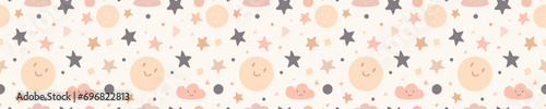 Baby pattern vector cute boho style with stars, happy face, geometry shape. Bohemian baby wallpaper 10 eps