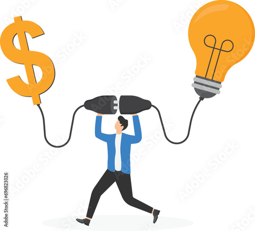 Venture capital or financial support for startup and entrepreneur company, make money idea or idea pitching for fund raising concept, businessman and woman connect lightbulb with money dollar sign.

