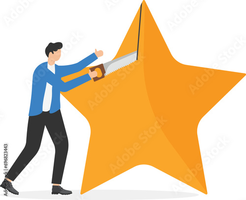 Investment rating downgrade, credit score of mortgage or bond or corporate loan concept, businessman credit score staff sawing star to downgrade or reduce score.

