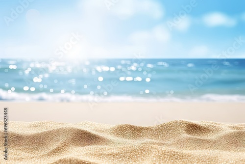 Beach getaway. Picturesque scene captures essence of perfect beach vacation. Golden sand stretches along shoreline meeting clear blue waters of ocean