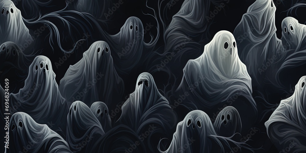Halloween wallaper illustration texture - Different scary white ghosts on dark black night background, seamless pattern - obrazy, fototapety, plakaty 