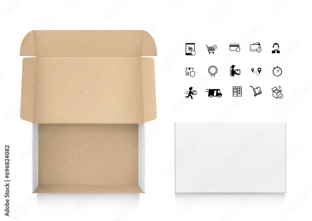 Realistic kraft and white open post box mockup with set icons. Vector illustration isolated on white background. Flat lay view. Ready for your design. EPS10. - obrazy, fototapety, plakaty 