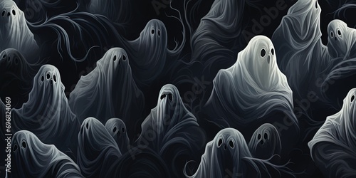 Halloween wallaper illustration texture - Different scary white ghosts on dark black night background, seamless pattern photo