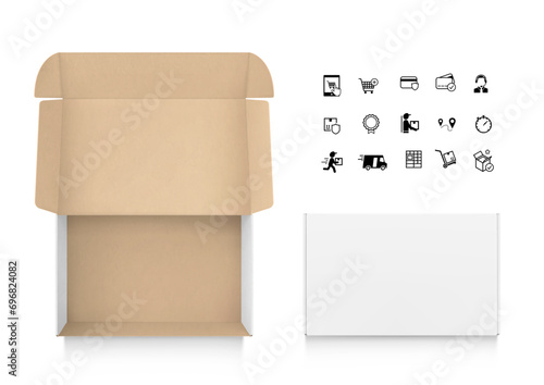Realistic kraft and white open post box mockup with set icons. Vector illustration isolated on white background. Flat lay view. Ready for your design. EPS10.