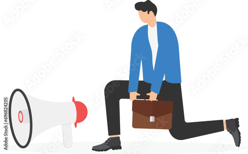 Fear of public speaking, nervous or stress to talk on stage, podium phobia, shy and frightening to give speech to people, fearful nervous businessman sitting hidden behind public speaking podium.
