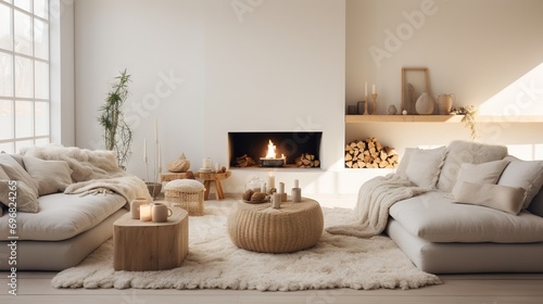 Elegant modern, luxury, neutral, cozy and white bohemian, boho living room with a sofa and plants. soft earthy colors. Great as interior furniture decoration design inspiration.