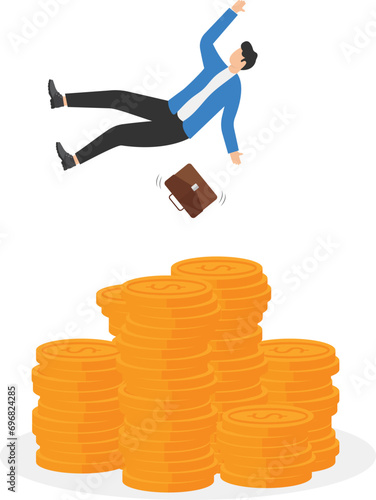 Insurance, reserve money or emergency fund on business failure, mistake or accident, compensation or money support and cushion concept, fail businessman falling on huge money dollars safety cushion.

 photo