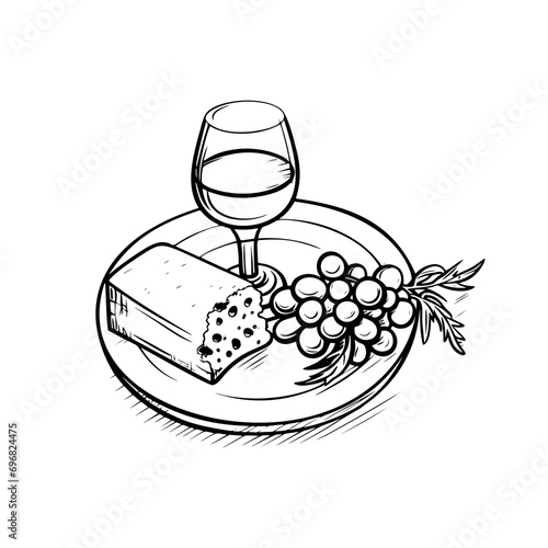 Cheese and wine: cheese, chorizo, Serrono ham and red wine isolated on white background
