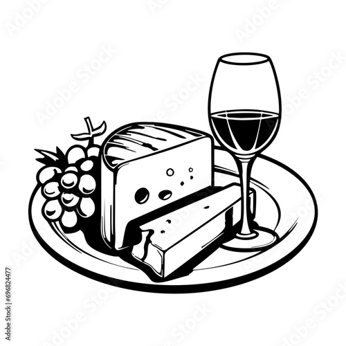 Cheese and wine: cheese, chorizo, Serrono ham and red wine isolated on white background
