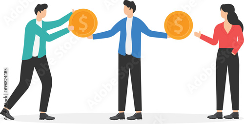 Living paycheck to paycheck, financial problem, get monthly income to pay for debt and loan or monthly expense concept, exhausted businessman salary man get dollar coin and pay it for creditor debt.

